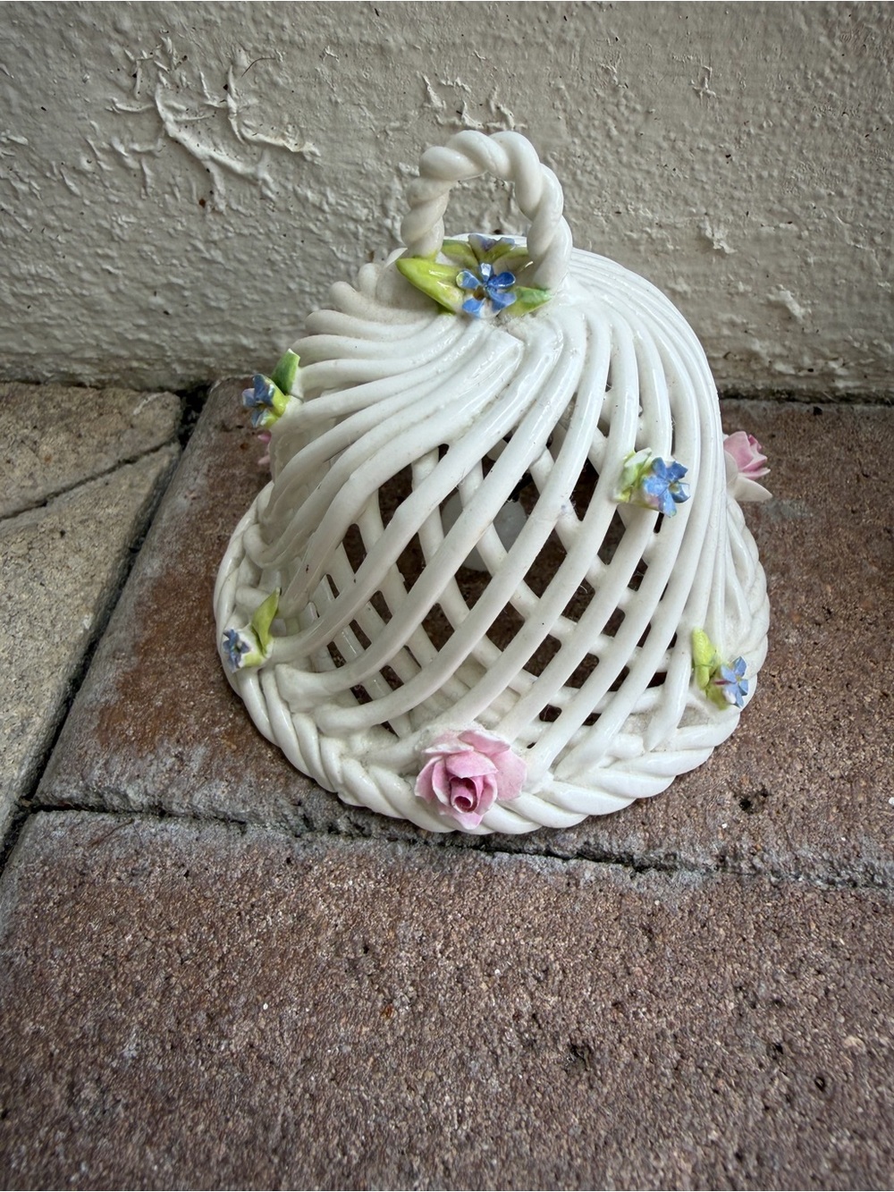 Vintage Crown Staffordshire England Porcelain Lattice Bell with Applied Flowers